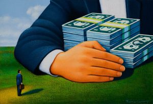 Small Businessman Looking at Giant Businessman Holding Stacks of Money