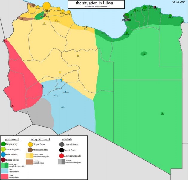 تصویر زیر نقشه کشور چند پاره ی لیبی یست که گروههای درگیر هرکدام گوشه ای از کشور را به دندان گرفته اند.