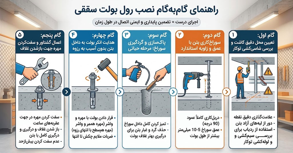 راهنمای مرحله‌به‌مرحله نحوه نصب رول بولت سقفی
