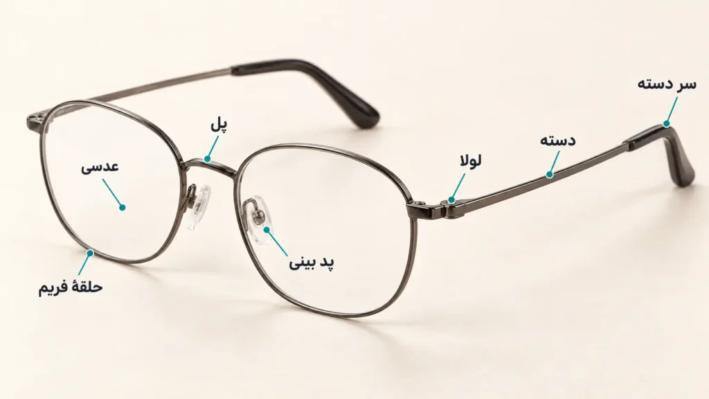 اجزای مختلف عینک طبی روی تصویر